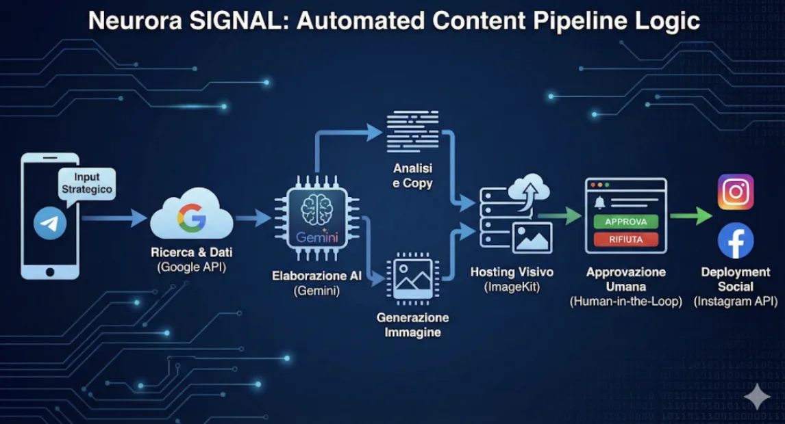 Neurora SIGNAL — interfaccia dell'agente AI che trasforma appunti vocali in post social brandizzati pronti alla pubblicazione
