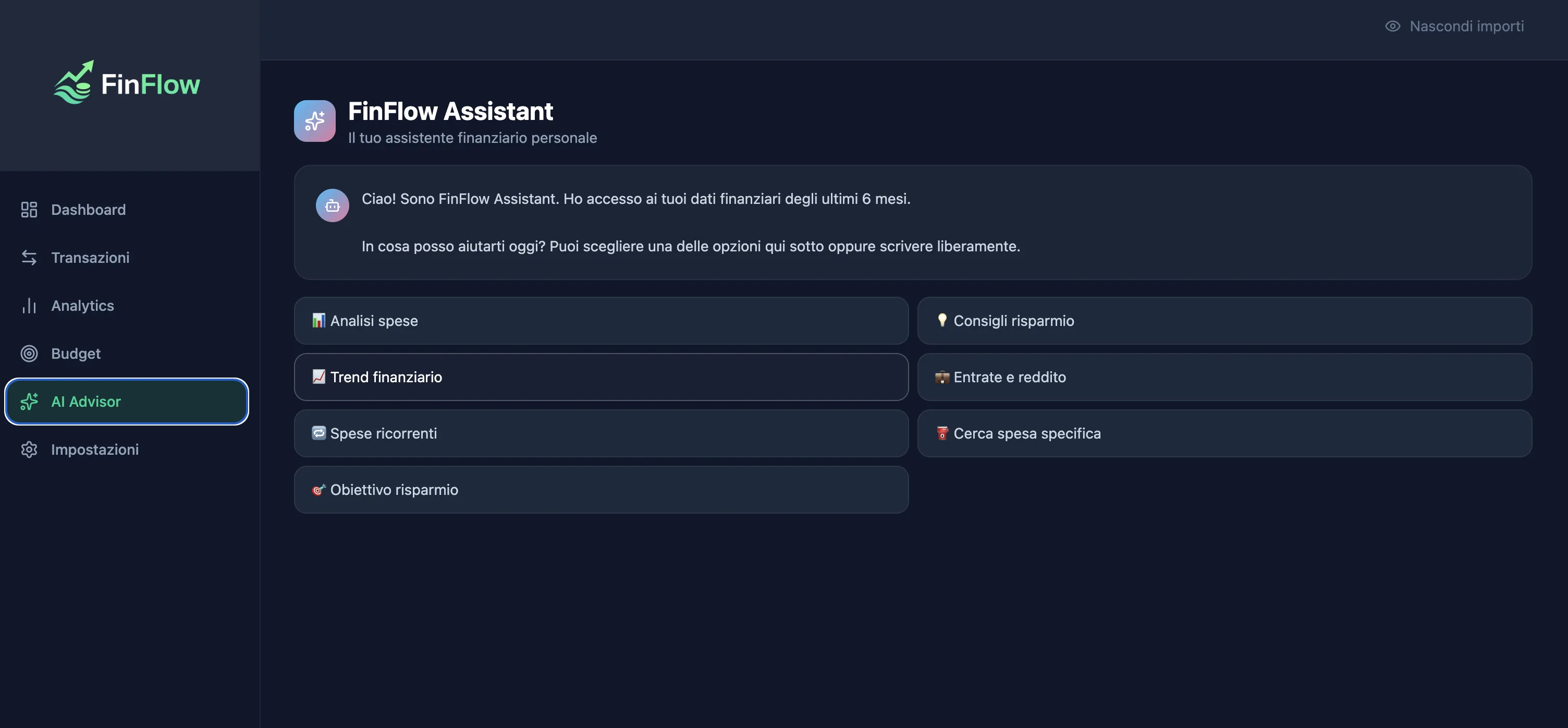 FinFlow Assistant — chat AI finanziaria personale che risponde a domande su spese, risparmi e obiettivi basandosi sui dati reali dell'utente