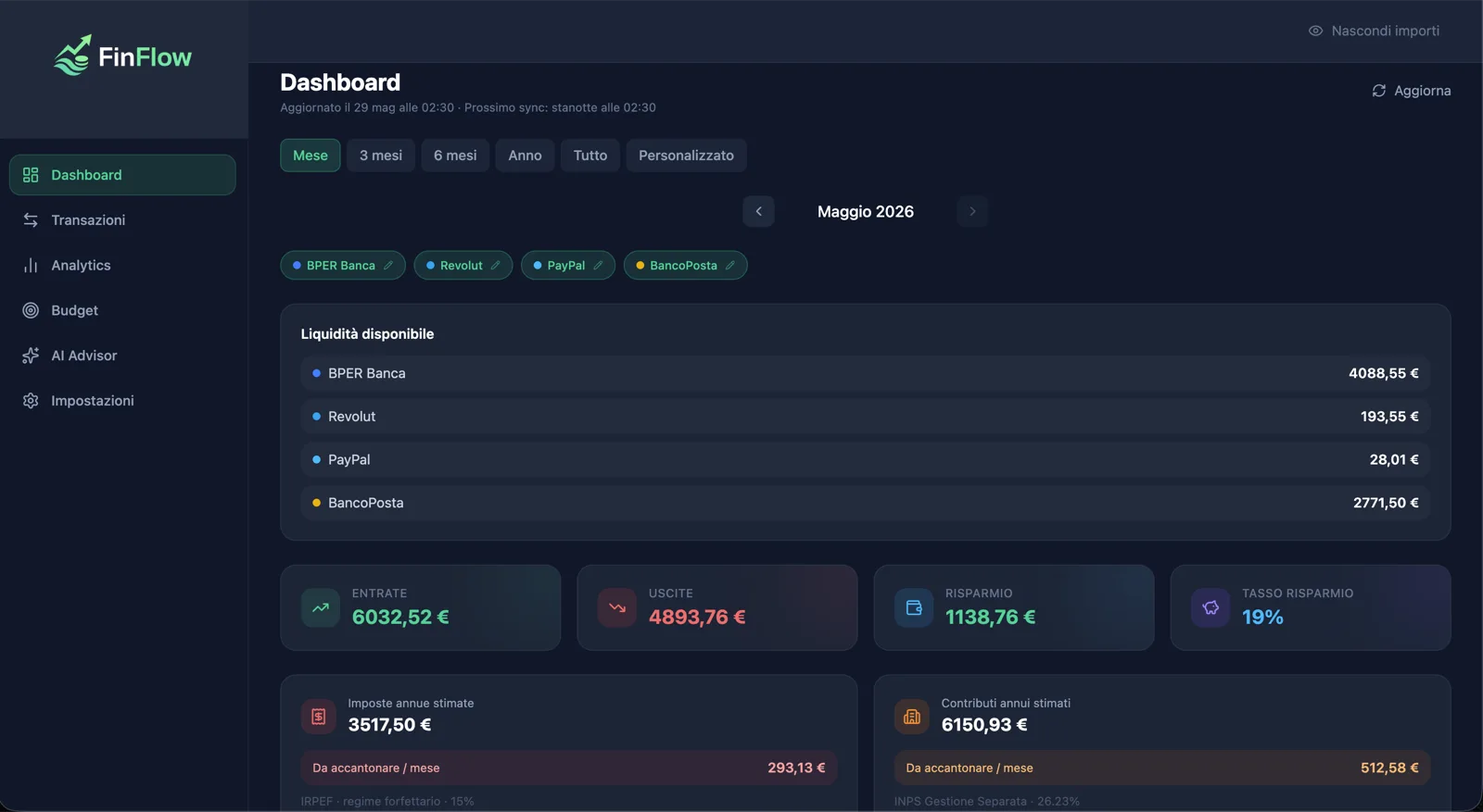 FinFlow — dashboard principale con aggregazione saldi in tempo reale da più conti bancari, KPI di liquidità e riepilogo entrate/uscite