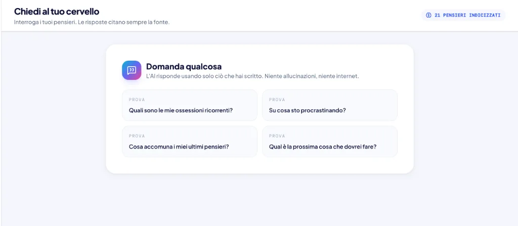 Neurora Second Brain — chat conversazionale con la propria memoria: chiedi domande dirette alle tue note e idee salvate